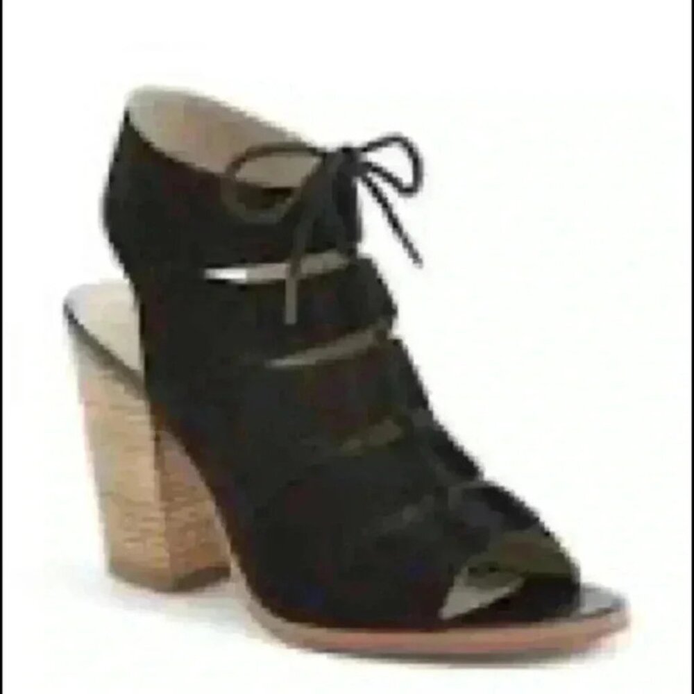 Hinge Women's Peep Toe Suede Leather Black Lace Up Sandals